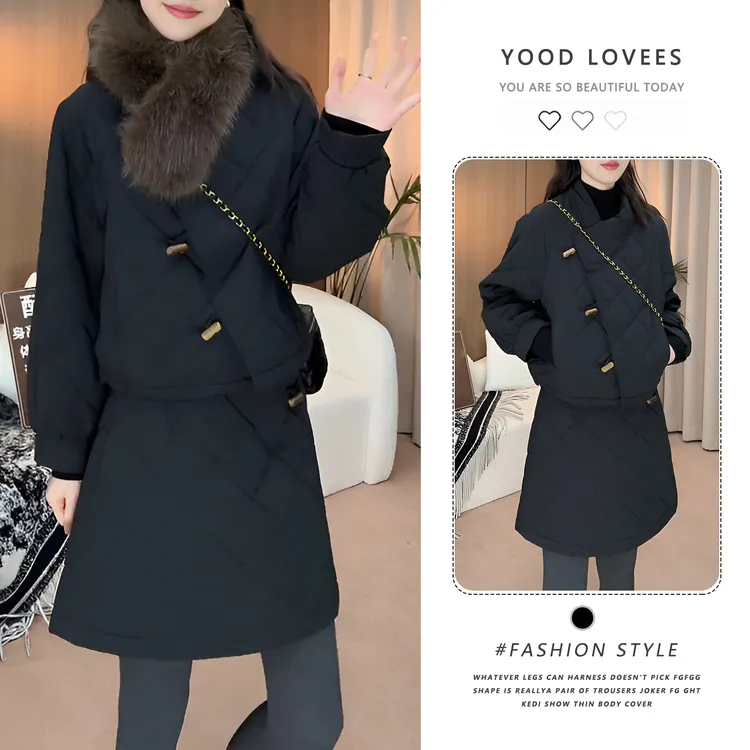 极简风气质夹棉保暖外套上衣半裙女装2025秋冬新款黑色休闲两件套