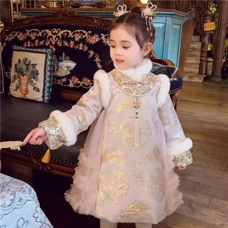 女童中国风旗袍裙冬装2025新款洋气儿童唐装拜年服女孩新年公主裙