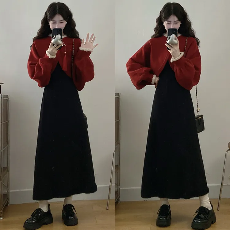 大码胖mm秋冬新款新中式国风红色针织毛衣开衫上衣吊带连衣裙套装