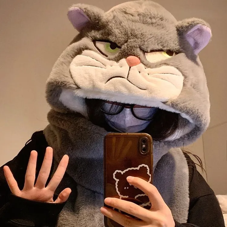 超厚路西法毛绒帽子围巾一体女冬季保暖护耳防寒可爱手套三件套XF