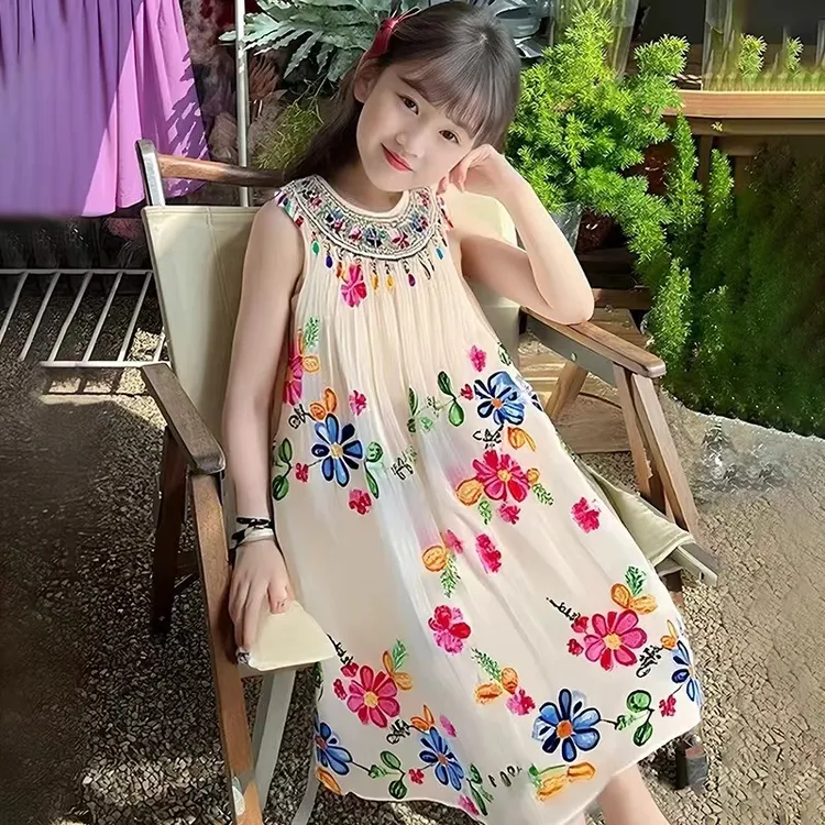 重工刺绣短袖女夏季碎花蓬蓬裙连衣裙夏装旗袍裙