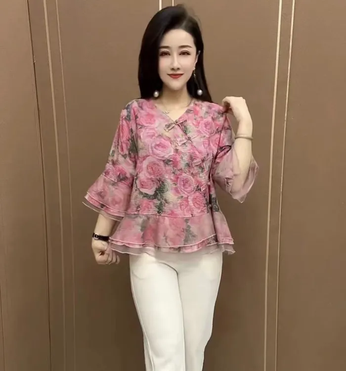 夏季复古气质七分袖衬衫中国风盘扣印花苎麻上衣
