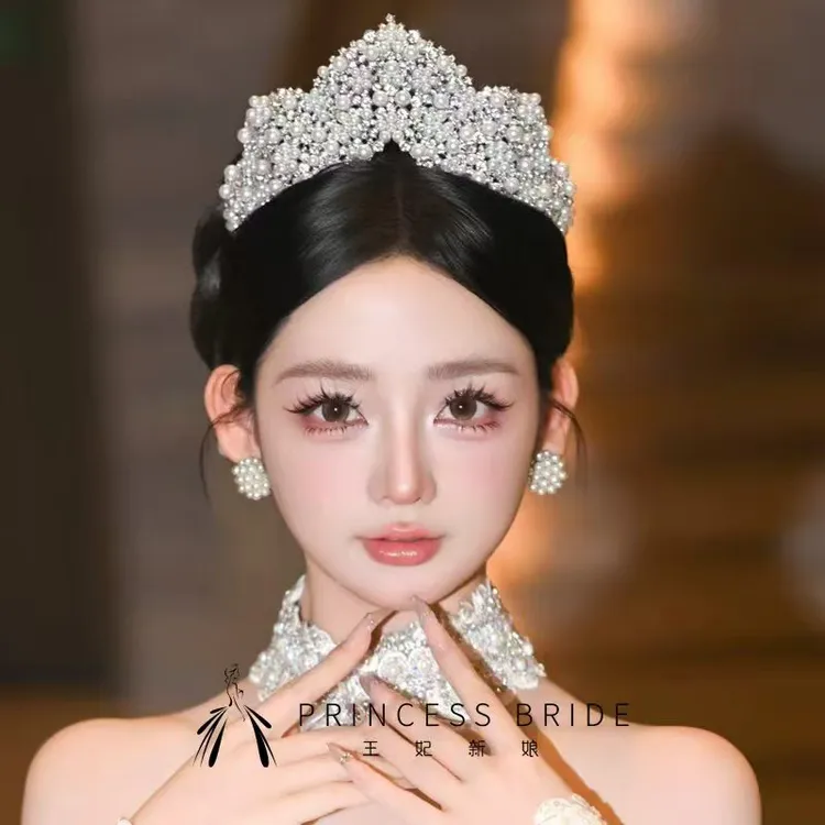 王妃新品手工日韩珍珠皇冠耳饰新娘结婚唯美大气缎面婚纱头饰配饰