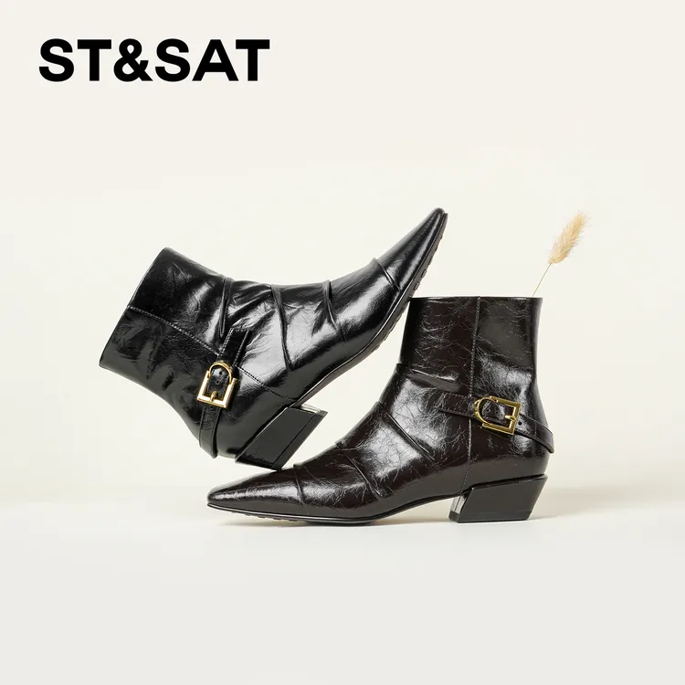 St&Sat/星期六女鞋防滑切尔西靴潮流休闲冬季耐磨中筒方头粗跟