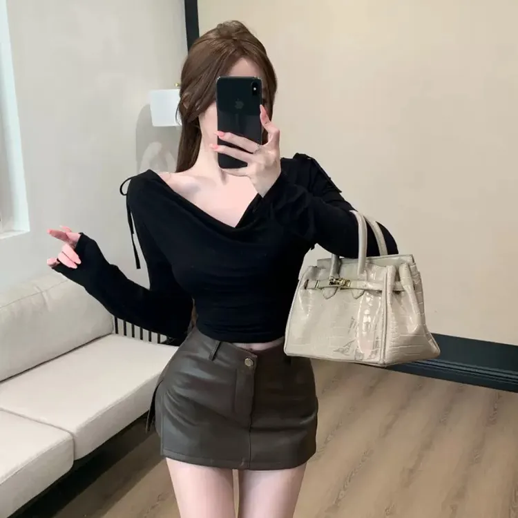 秋冬新款荡领蝴蝶结绑带长袖T恤显瘦修身女多种穿法百搭上衣辣妹