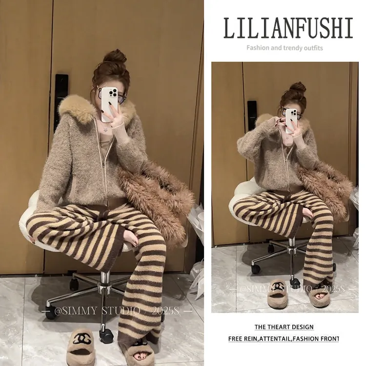 今年流行漂亮套装2025新款设计感宽松连帽外套条纹阔腿裤两件套女