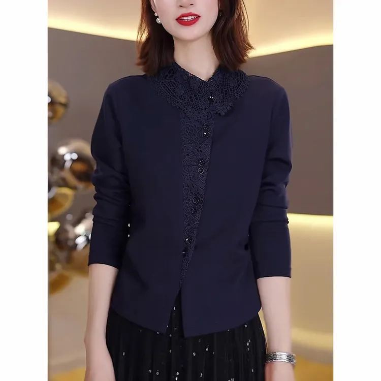 女士翻领长袖t恤2025秋季新款高级感收腰显瘦蕾丝钩花打底衫上衣