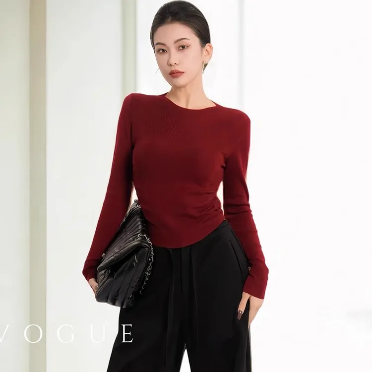 2025新款春秋修身韩系安哥拉红上衣女短款洋气内搭针织长袖打底衫