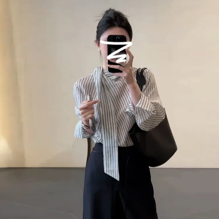 法式气质穿搭条纹衬衫女春季2025新款轻奢感衬衣内搭长袖上衣