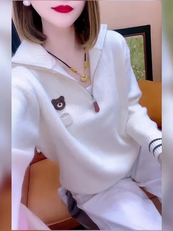 休闲风宽松显瘦翻领半拉链针织长袖女2025秋季新款时尚百搭上衣潮