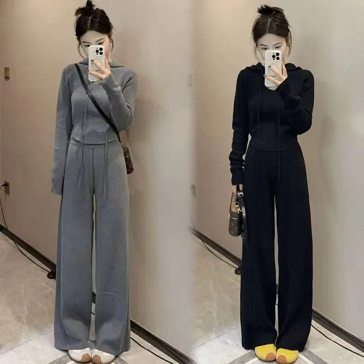 慵懒风休闲套装女2025春秋新款连帽长袖上衣高腰显瘦阔腿裤两件套