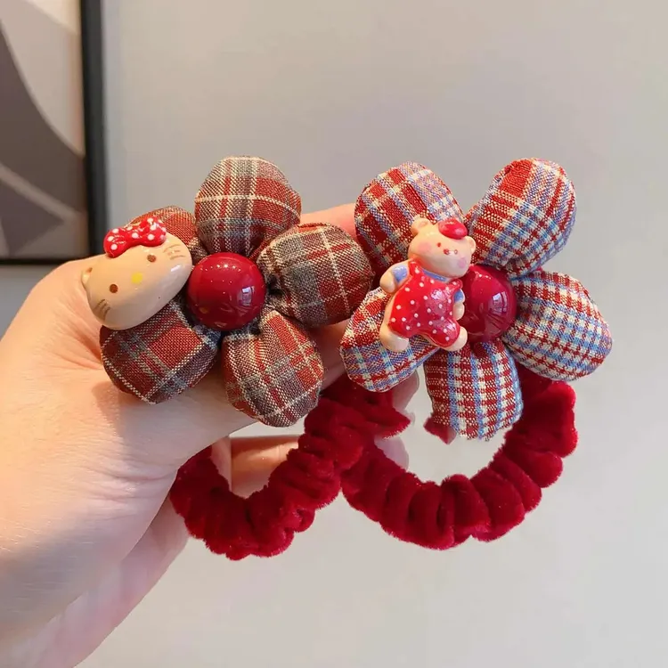红色格纹花朵发圈儿童秋冬植绒扎发绳可爱卡通丸子头皮筋女童发饰