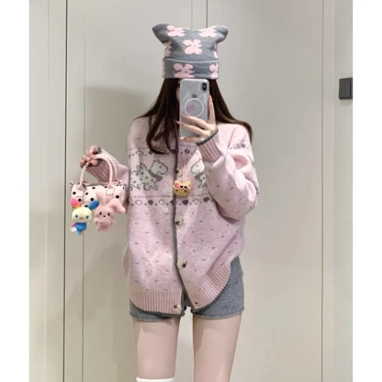 哈啰小狗！氛围感费尔岛毛衣外套女秋季小狗提花针织开衫软糯上衣