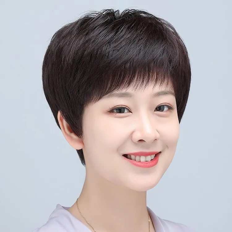 芙发假发全头套女真人发丝自然短直发假发套中老年假发女真发