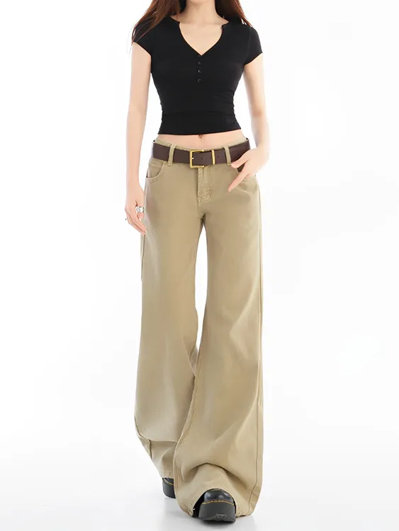 美式复古卡其色微喇牛仔裤女秋冬高腰设计感直筒梧桐阔腿拖地裤子