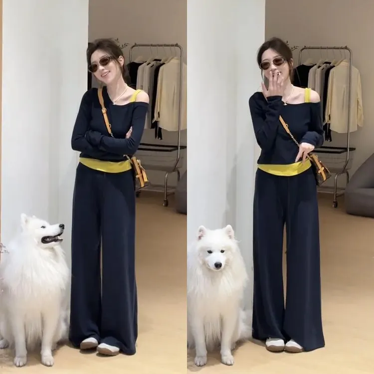 假两件露肩长袖t恤打底衫女秋季2025秋装新款显瘦直筒休闲裤套装