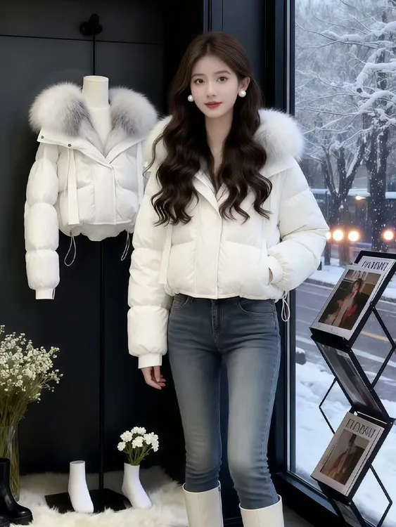 冬季连帽修身显瘦短款保暖外套高级感白色大毛领工装派克棉衣棉服