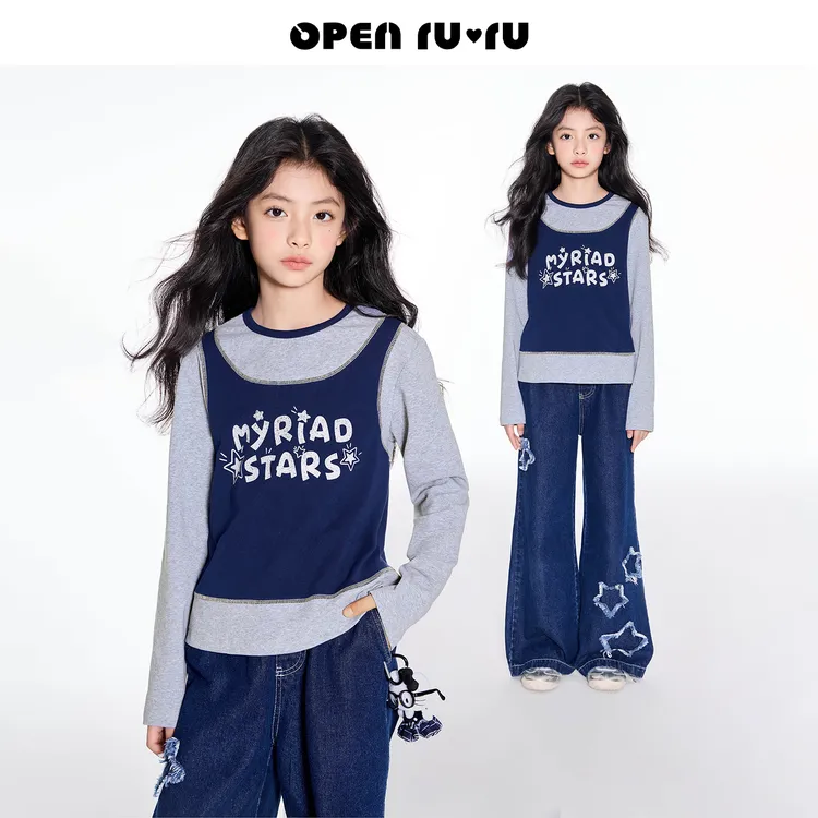 Opennunu女童撞色明线背心T恤秋季中大童设计感软糯亲肤童装反季