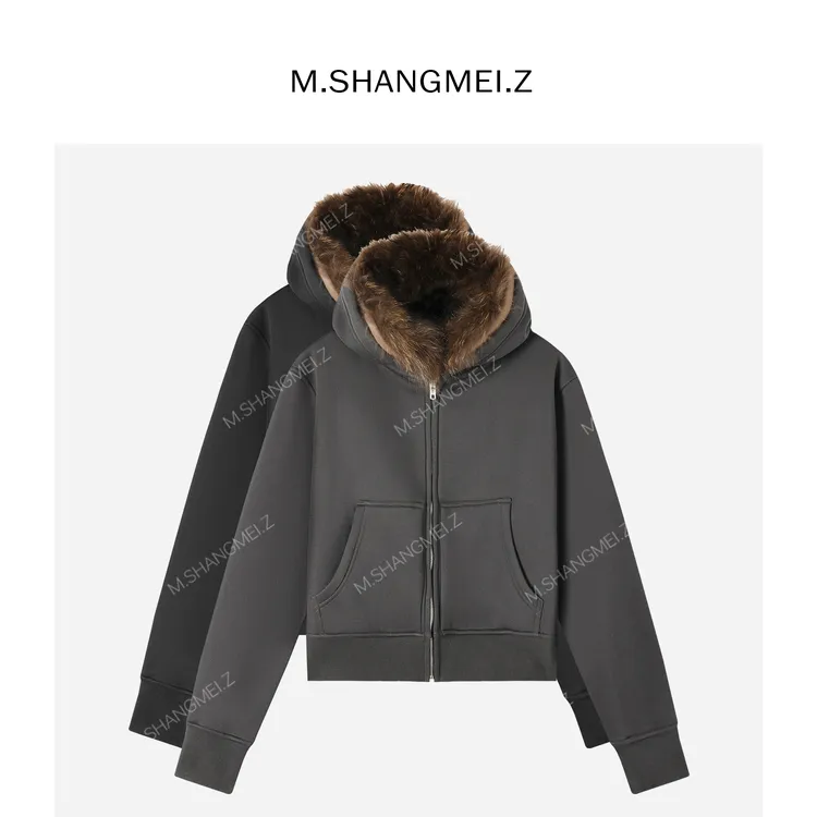 M.SHANGMEI.Z/沐熙【摩卡慕斯】美大哥舒适柔软毛领带帽卫衣X103122