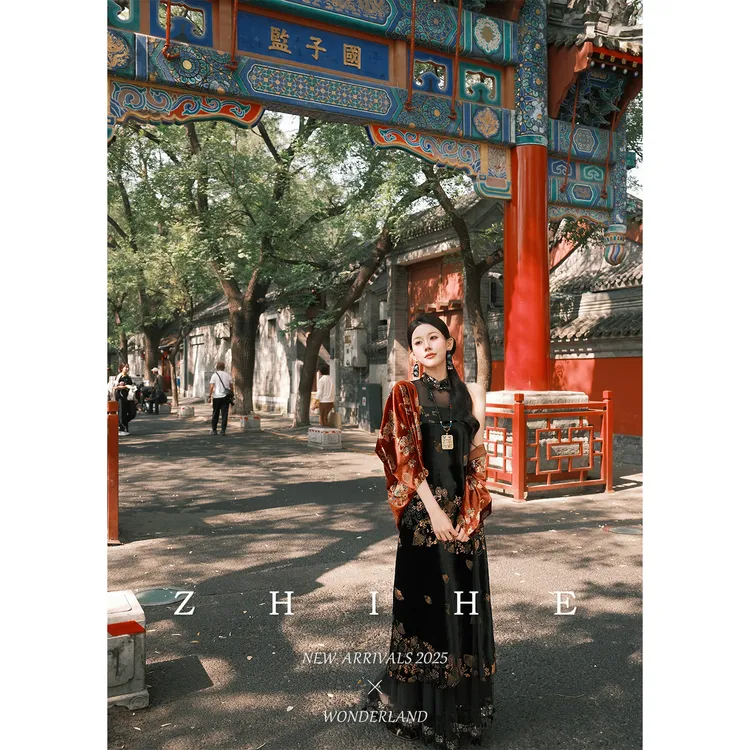 无艳一禾【墨花吟】静奢人丝丝绒印花无袖连衣裙+纱裙