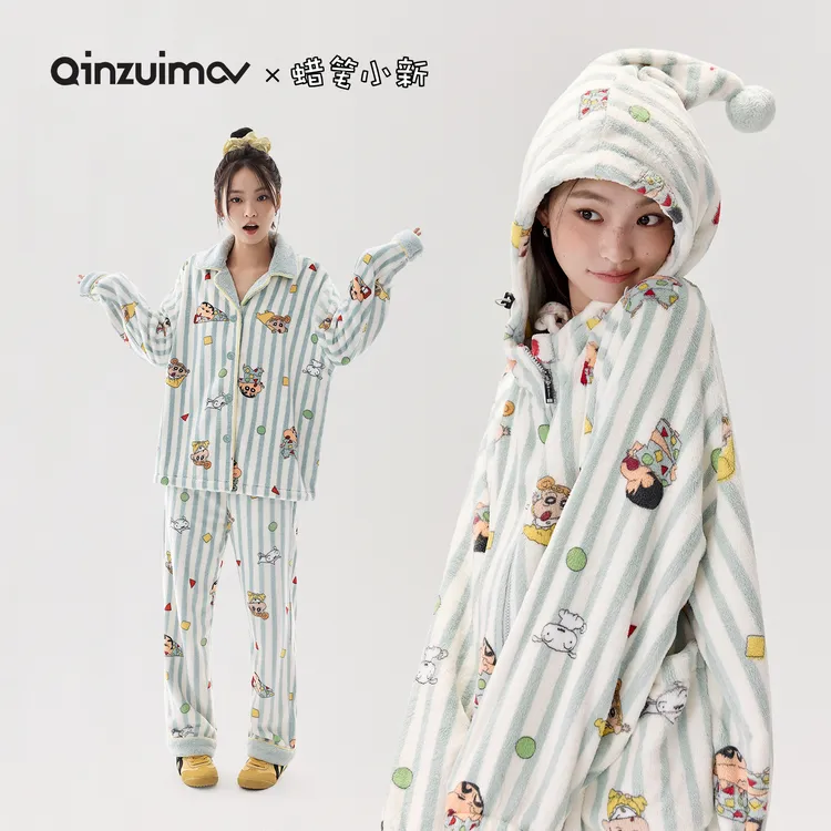 【年终狂欢季】亲嘴猫蜡笔小新男女同款毛茸茸法兰绒连帽睡衣家居服