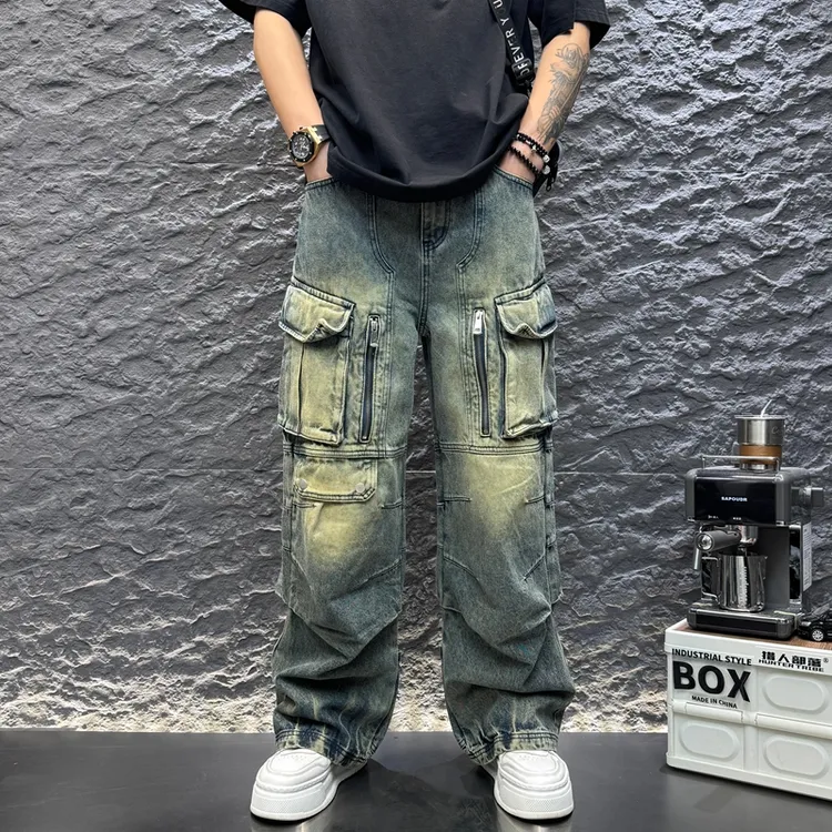 2025秋季新款男士蓝色牛仔裤多口袋工装长裤百搭舒适阔腿裤直筒裤