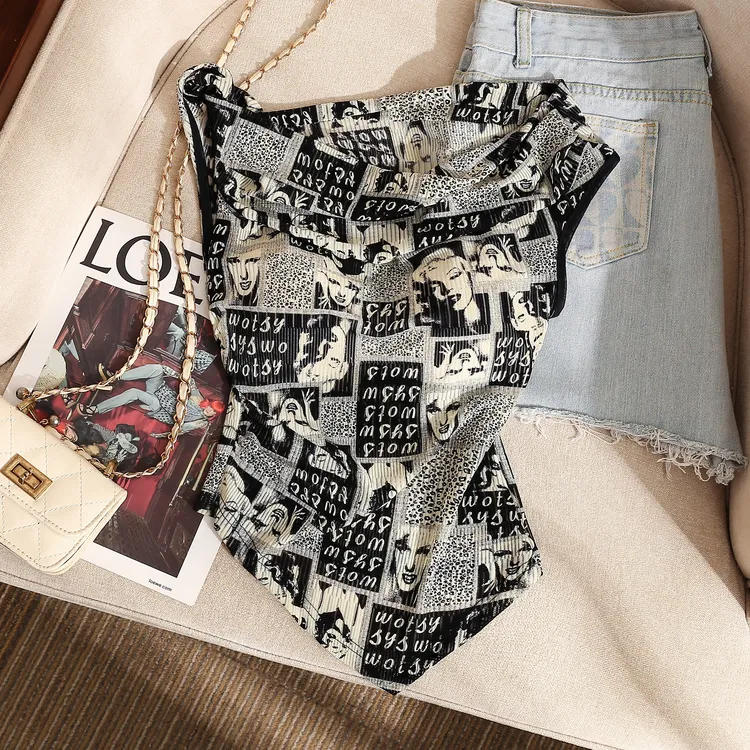 复古别致印花修身挂脖背心内搭女夏季新款不规则坎肩美背外穿上衣