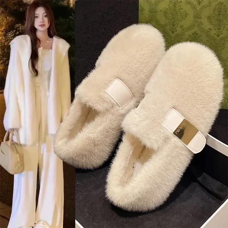 白色勃肯玛丽珍毛毛鞋女外穿加绒保暖水貂毛秋冬2025新款豆豆棉鞋