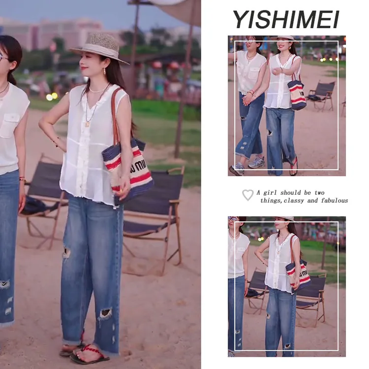 今年流行一整套2025年新款韩系简约v领无袖上衣破洞牛仔裤两件套