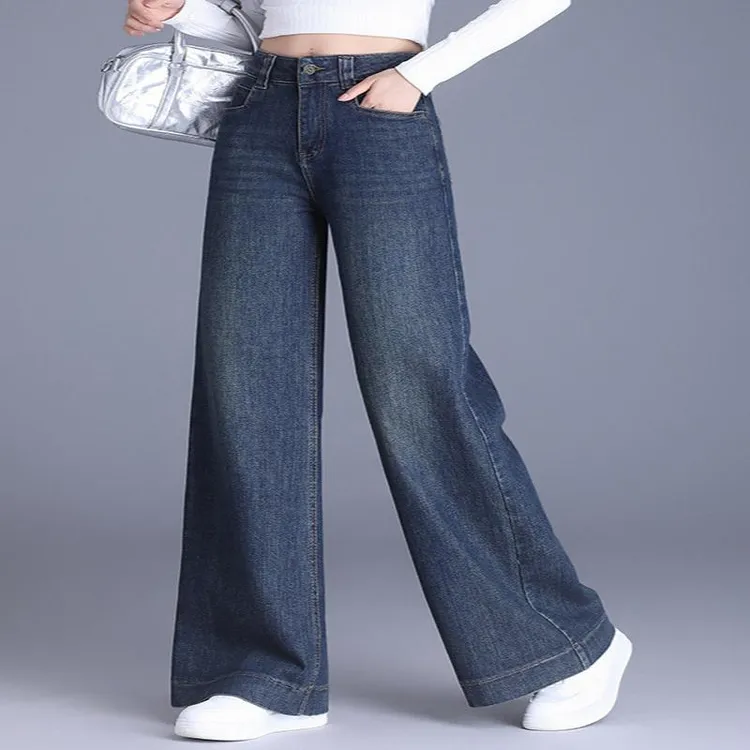 薄款阔腿牛仔裤女2025新款高腰显瘦宽松复古百搭女士垂感大脚裤时