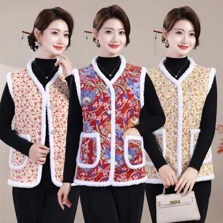 中老年人马甲女秋冬加绒背心妈妈马夹冬装加厚马褂奶奶打底小棉衣