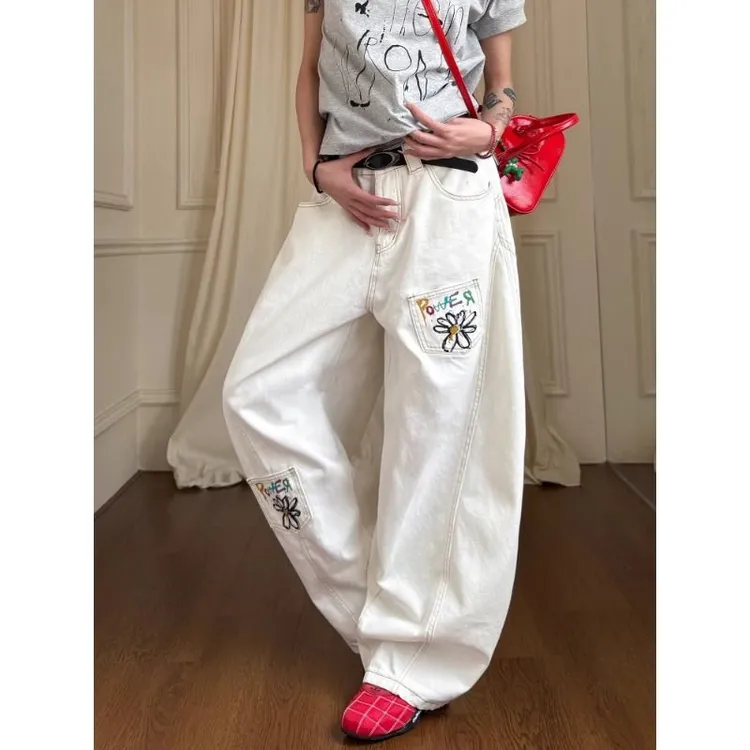 美式复古花卉彩绘阔腿弯刀牛仔裤女vintage显瘦情侣阔腿休闲裤潮