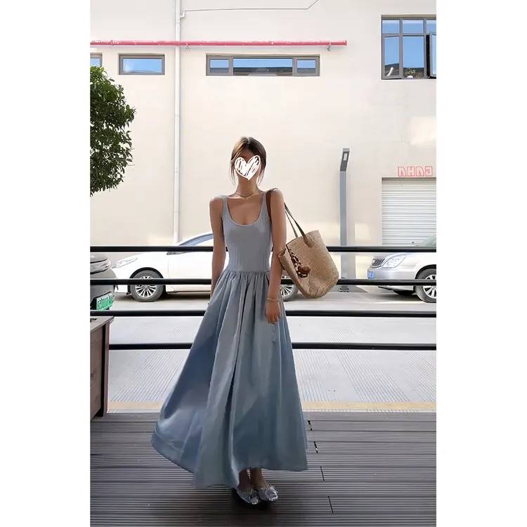 针织拼接缎面吊带裙女收腰显瘦无袖连衣裙气质裙子21266