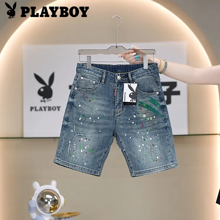 PLAYBOY/花花公子夏季薄款男士修身泼墨透气百搭牛仔五分短裤