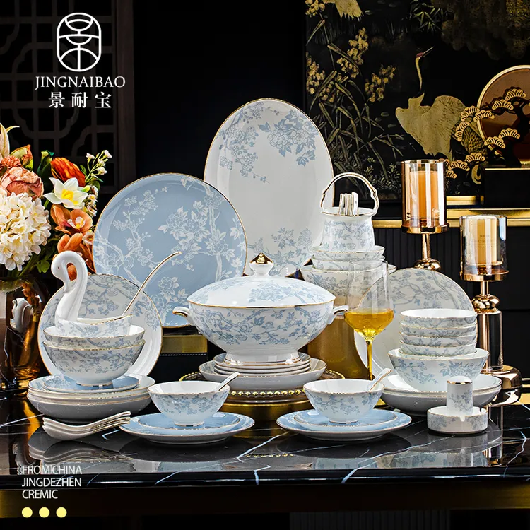 景耐宝骨瓷餐具套装景德镇高温陶瓷傲雪迎春62头高档新中式餐具