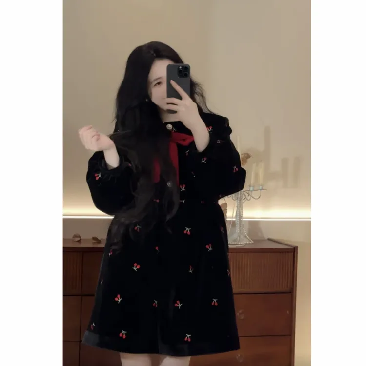 十一原创设计师【樱桃琥珀】连衣裙外套（羽绒）丝绒拼接公主显瘦