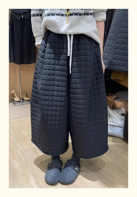 冬季新款加绒加厚八分菱格棉裤女欧货宽松显瘦夹棉休闲阔腿气球裤
