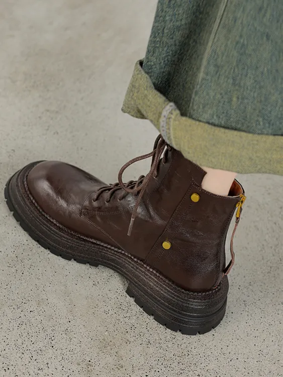 巨好看小羊皮厚底马丁靴女英伦风2025秋冬加绒百搭系带圆头短靴子