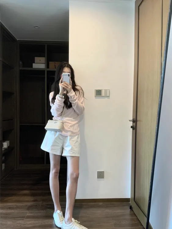 【乐桃桃】夏季时尚粉色针织防晒T恤上衣罩衫白色短裤显瘦显白套装