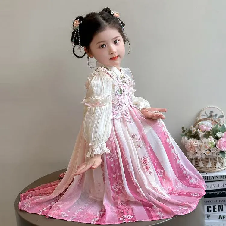 女童国庆节新国风汉服儿童连衣裙女孩唐装中秋节裙子新国潮风纱裙