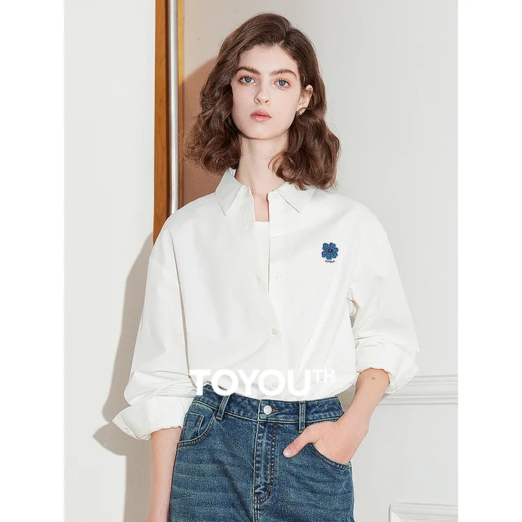 【流光风】初语纯棉翻领衬衫女2025百搭时尚绣花上衣休闲打底衬衣