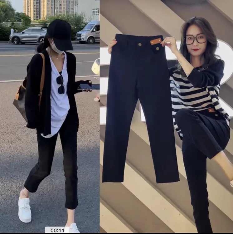 1811欧货烟管小黑裤女修身显瘦弹力九分裤百搭直筒裤小个子裤子潮
