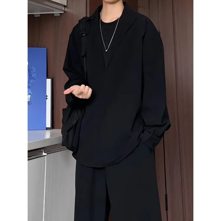 老钱风男装假两件衬衫高级感V领休闲宽松衬衣长袖青少年美式外套