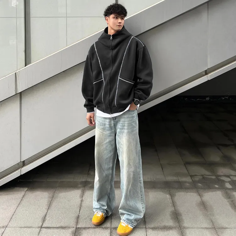 美式设计感解构拼接卫衣开衫连帽男女秋冬潮牌宽松套头情侣款上衣