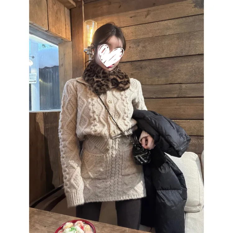 慵懒INS风麻花纽扣针织开衫上衣高腰半身裙女秋冬新款气质两件套