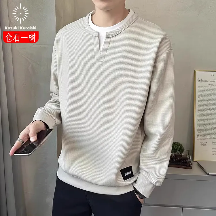 仓石一树男士卫衣春秋季2025新款薄款宽松圆领假两件长袖T恤装男