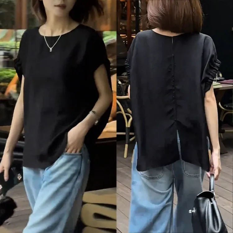 黑色木耳边短袖女上衣夏季新款薄款轻奢高级感气质宽松圆领T恤衫