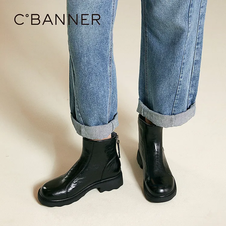 千百度 25年秋冬真皮短靴时尚百搭包容圆头切尔西靴A25550936