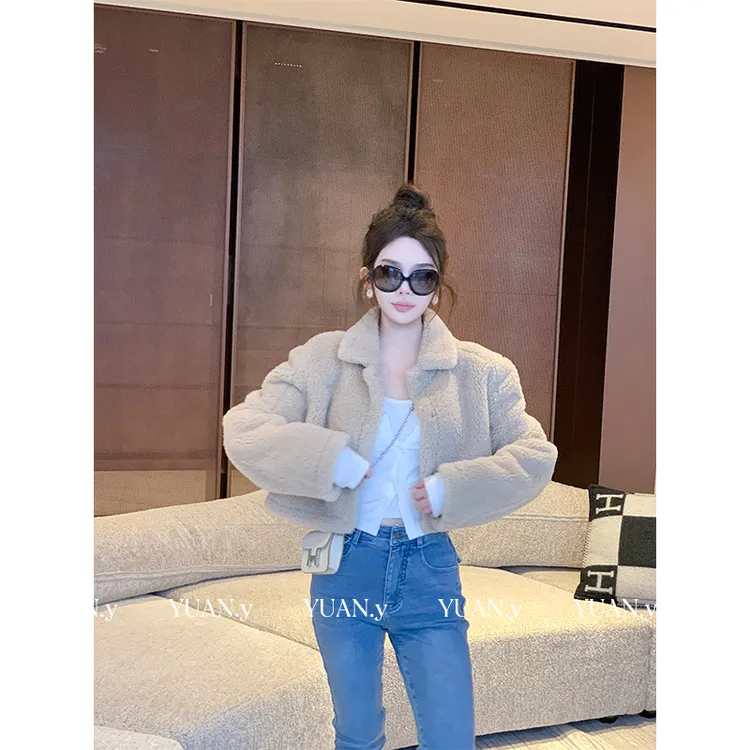 媛媛【奶咖泰迪】冬季新款小个子短款环保毛慵懒宽松外套女#W0990