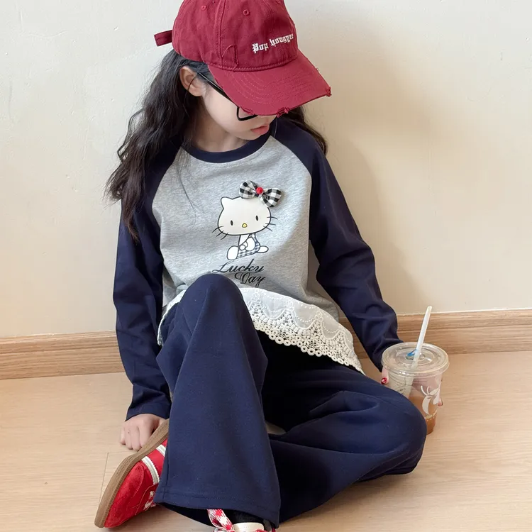 女童秋季拼色套装2025新款女孩韩版kt猫上衣儿童时髦花边休闲卫裤